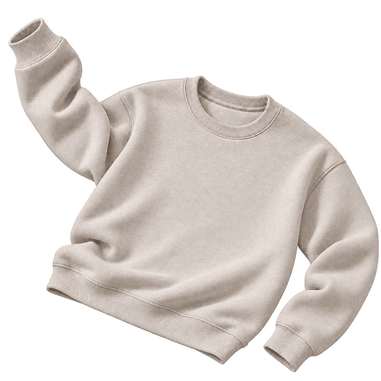 Oatmeal MELTBOY crewneck arranged playfully over a coral graphic shape